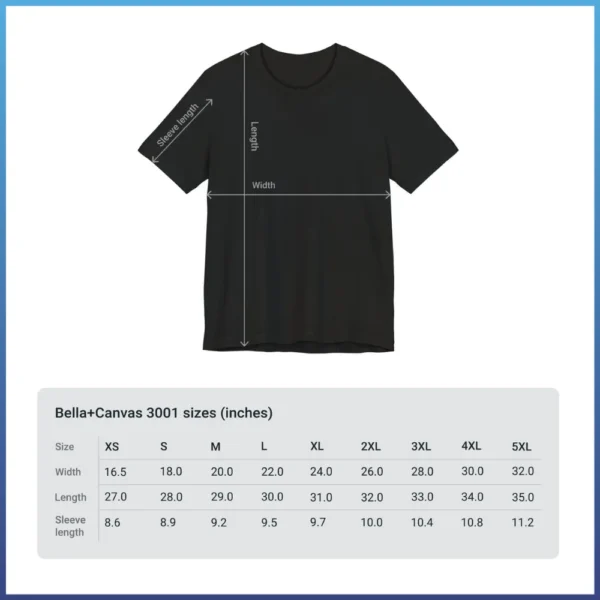 Shirt Size Chart Bella+Canvas 3001